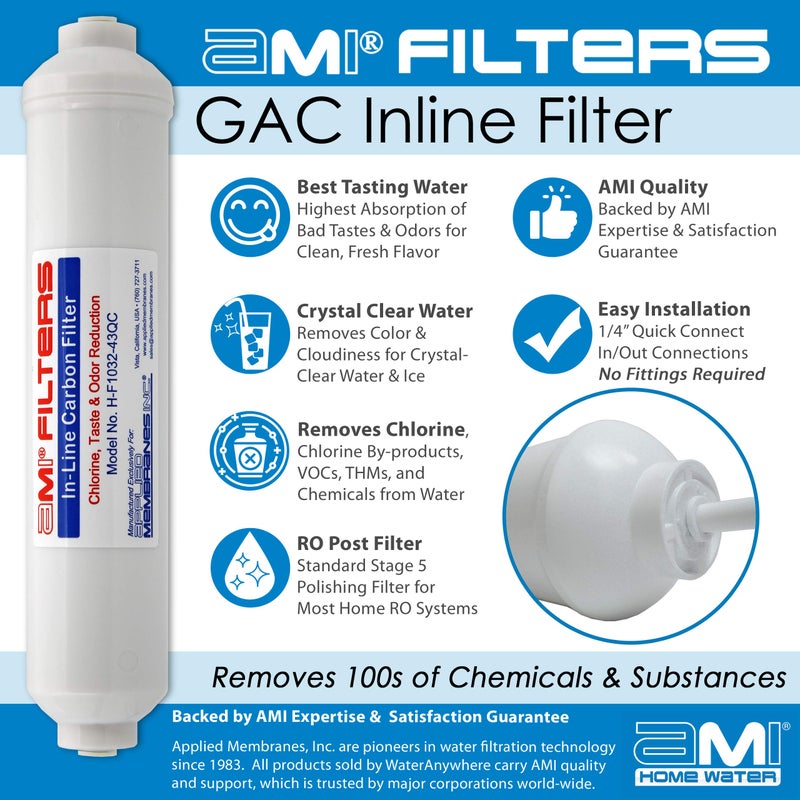 APPLIED MEMBRANES INC. Inline Carbon Water Filter | 10" Length | 1/4" Quick Connect In/Out (1/4" QC) | For Chlorine Taste & Odor or Post Filter for Home RO | RO Stage 5 Polishing Filter - Image 4